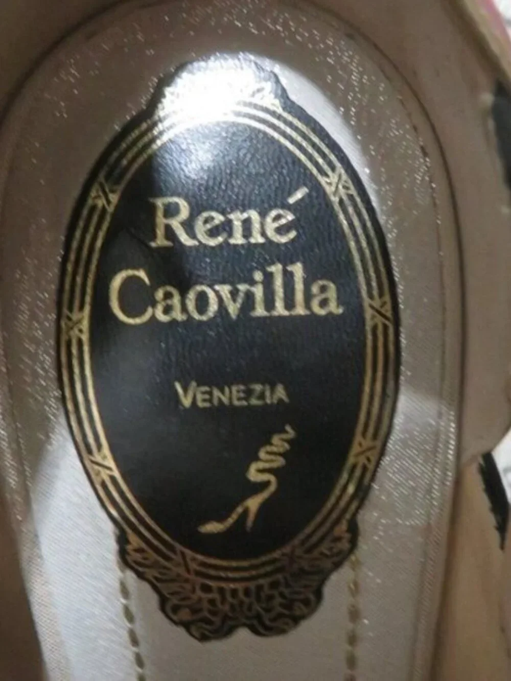 Rene Caovilla  Stunning Black Gold Shimmer Italian Leather luxury peep toe heels